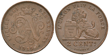 Бельгия 2 сантима 1919 Belges, Альберт I (1909-1934) KM 64 медь aUNC 4618-1127