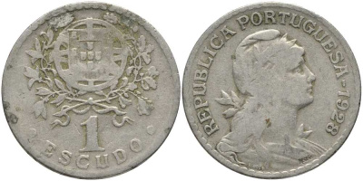 ПОРТУГАЛИЯ 1 ЭСКУДО 1928 ГОЛОВА СВОБОДЫ ВПРАВО КМ 578 медно-никель 202-343