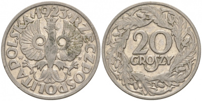 ПОЛЬША 20 ГРОШЕЙ 1923 KM 12 никель 3853-133