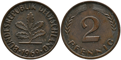 ФРГ 2 пфеннига 1969 J KM 106а, J.381а сталь плакированная медью 99-157