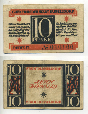 ДЮССЕЛЬДОРФ 10 ПФЕННИГОВ 1920 НОТГЕЛЬД 10 ЯНВАРЯ 1920 - 31 МАРТА 1921. ЗЕМЛЯ СЕВЕРНЫЙ РЕЙН-ВЕСТФАЛИЯ, Grabowski D.35.6 бумага 7222-20-3