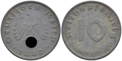 ГЕРМАНИЯ 10 РЕЙХСПФЕННИГОВ 1942 D KM 101, J. 371 цинк 4401-646
