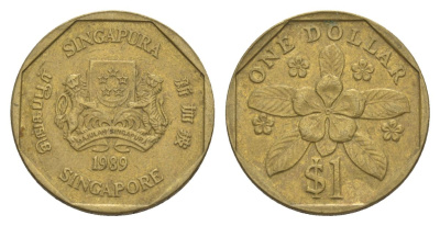 Сингапур 1 доллар 1989 барвинок KM 54b алюминиевая бронза 4633-235