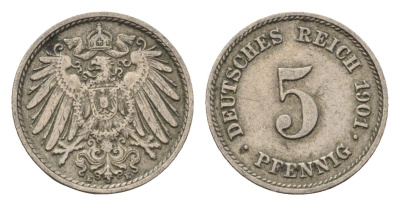 Германия 5 пфеннигов 1901 E KM 11, J. 12 медно-никель 4696-624