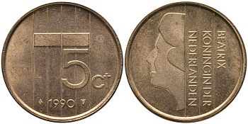 НИДЕРЛАНДЫ 5 ЦЕНТОВ 1990 БЕАТРИКС KM 202 бронза 65-1253