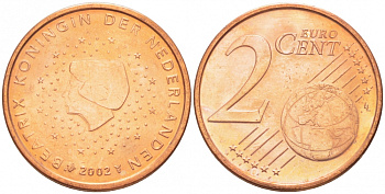 НИДЕРЛАНДЫ 2 ЕВРОЦЕНТА 2002 KM 235 сталь покрытая медью UNC 3457-1118