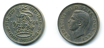 Великобритания 1 шиллинг 1948 Георг VI (1936-1952), Английский шиллинг КМ 863, Spink 4103 медно-никель 4110-916