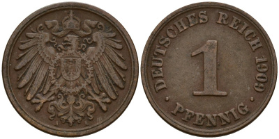Германия 1 пфенниг 1909 A KM 10, J. 10 медь 4189-811