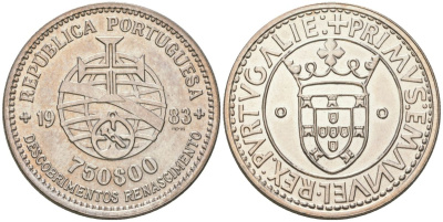 Португалия 750 эскудо 1983 XVII Европейская художественная выставка KM 621 серебро  UNC  4587-642