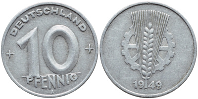 ГДР 10 ПФЕННИГОВ 1949 А KM 3 алюминий 26-312