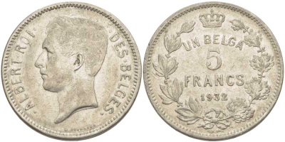 БЕЛЬГИЯ 5 ФРАНКОВ 1932 АЛЬБЕРТ I, DES BELGES KM 97.1 никель 3851-224