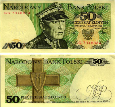 Польша 50 злотых 1988 Кароль Сверчевский, знак Грюнвальдского ордена Pick 142 c бумага аUNC 8607-71-1-1