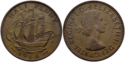 Великобритания 1/2 пенни 1966 Елизавета II (1952-2022) KM 896, Spink 4158 бронза 51-2527