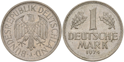ФРГ 1 марка 1974 J KM 110, J. 385 медно-никель 4159-1134