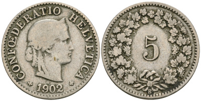 Швейцария 5 раппенов 1902 KM 26 медно-никель 4608-1016