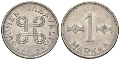 Финляндия 1 марка 1962 KM 36a сталь плакированная железом 4173-1259