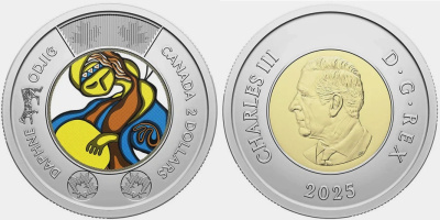Канада 2 доллара 2023 Карл III (2022- ), костюм цветной Дафны Оджиг, термопечать KM NEW биметалл  UNC  M78-13