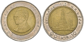 Таиланд 10 бат 2006 BE 2549, Рама IX (1946-2016) KM 227 биметалл 4589-1225