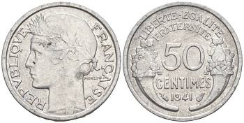 ФРАНЦИЯ 50 САНТИМОВ 1941 ТИП MORLON LOURDE KM 894.1a, LE FRANC 193.2 алюминий 44-161