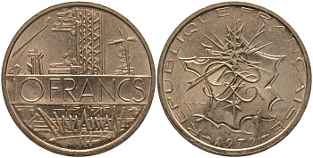 Франция 10 франков 1979 тип Матье KM 940, Le Franc 365.13-14 никель латунь 181-444