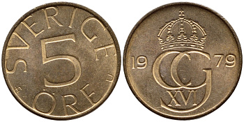 Швеция 5 эре 1979 U, Карл XVI Густав (1973- ) KM 849 бронза 4396-521