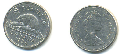 Канада 5 центов 1989 Елизавета II (1952-2022), бобер KM 60.2а медно-никель 177-1245