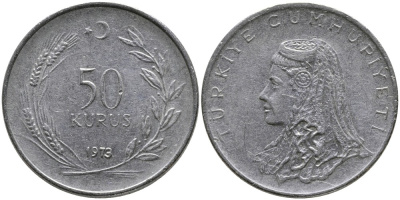 Турция 50 курушей 1973 Анатолийская невеста KM 899 нержавеющая сталь 4541-827