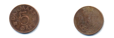 ДАНИЯ 5 ЭРЕ 1977 S; B, МАРГРЕТЕ II (1972-) KM 859.1 железо плакированное медью 23-512