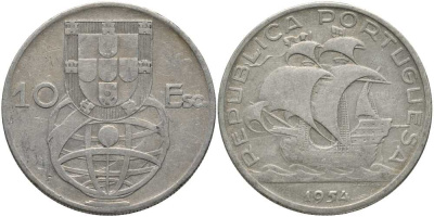 Португалия 10 эскудо 1954  KM 586 серебро 180-624