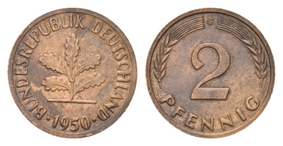 ФРГ 2 пфеннига 1950 G KM 106, J.381 сталь плакированная медью 4674-1042