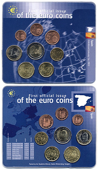 Испания официальный евронабор из 8 монет 2001 1, 2, 5, 10, 20, 50 евроцентов, 1, 2 евро, запайка в блистере KM 1040, 1041, 1042, 1043, 1044, 1045, 1046, 1047 UNC 5-4-1-81
