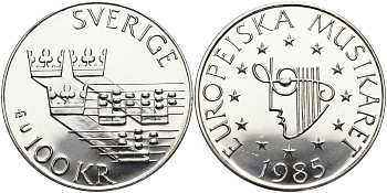 Швеция 100 крон 1985 Карл XVI Густав (1973- ), европейский год музыки KM 865 серебро 1527-732
