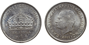 Швеция 1 крона 2008 Карл XVI Густав (1973- ) KM 894 медно-никель 85-453