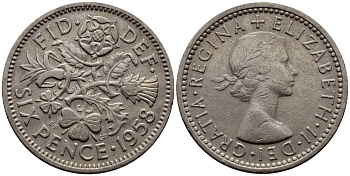 Великобритания 6 пенсов 1958 Елизавета II (1952-2022) KM 903, Spink 4149 медно-никель 75-1032