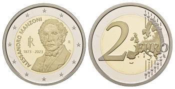 Италия 2 евро 2023 150 лет со дня смерти Алессандро Мандзони, в оригинальной упаковке, с сертификатом, тираж 17.000 экземпляров биметалл PROOF 8-2-01-52
