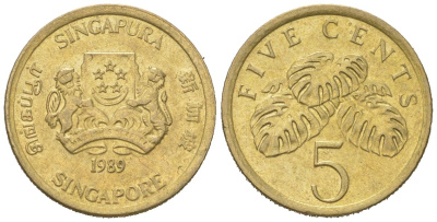 Сингапур 5 центов 1989 KM 50 алюминиевая бронза 4618-317