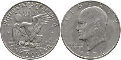 США 1 доллар 1972 Президент Эйзенхауэр, лунный орел KM 203 медь плакированная медно-никелем 118-721