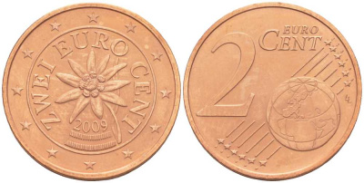Австрия 2 евроцента 2009  KM 3083 сталь плакированная медью  UNC  4608-963