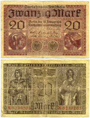 ГЕРМАНИЯ 20 МАРОК 1918 20 ФЕВРАЛЯ 1918. БЕРЛИН, МИНЕРВА И МЕРКУРИЙ Pick 57 бумага 8612-39-2-2