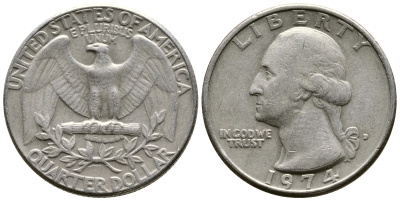 США 25 центов (квотер) 1974 D, Вашингтон KM 164a медь плакированная медно-никелем 4681-542