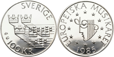 Швеция 100 крон 1985 Карл XVI Густав (1973- ), европейский год музыки KM 865 серебро 1527-732