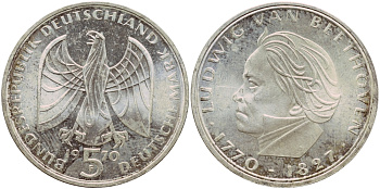 ФРГ 5 марок 1970 F. 200 лет со дня рождения Людвига ван Бетховена KM 127, J. 408 серебро aUNC 1529-243