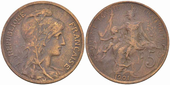ФРАНЦИЯ 5 САНТИМОВ 1901 ТИП ДАНИЭЛЬ ДЮПЮИ KM 842, LE FRANC 119.11 бронза 108-833