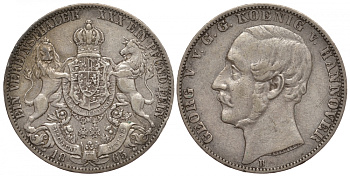 Брауншвейг-Каленберг-Ганновер 1 талер 1865 B, Георг V (1851-1866) KM 230, AKS 144, Dav. 682, Kahnt 239, Thun 174 серебро 00-000-00