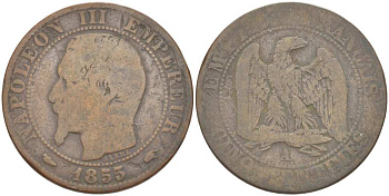 Франция 5 сантимов 1855 A, Наполеон III (1852-1870) KM 777.1, LE FRANC 116.16 бронза 217-156