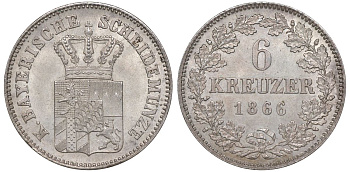Бавария 6 крейцеров 1866 Людвиг II (1864-1888) KM 880 серебро  aUNC  1531-1243