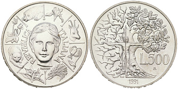 Италия 500 лир 1991 R, Флора и фауна KM 143 серебро BU 4367-923