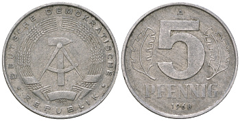 ГДР 5 пфеннигов 1968 А KM 9.1 алюминий 4625-148