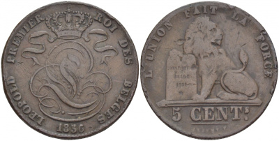 БЕЛЬГИЯ 5 САНТИМОВ 1856 BELGES KM 5.1 медь 110-221