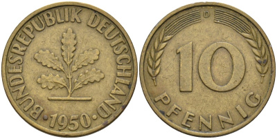 ФРГ 10 пфеннигов 1950 D KM 108, J. 383 сталь плакированная латунью 4586-635